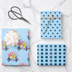 Valentine cute birds dots square pattern blue wrapping paper sheet