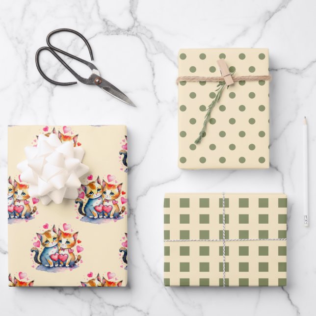 Valentine cute cats dots square pattern green wrapping paper sheet (Front)