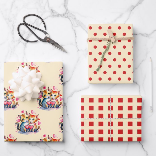 Valentine cute cats dots square pattern red wrapping paper sheet (Front)