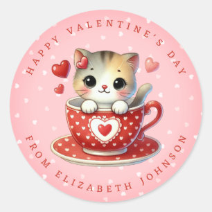 Valentine Cute Kitten Personalized Name Round Stic Classic Round Sticker