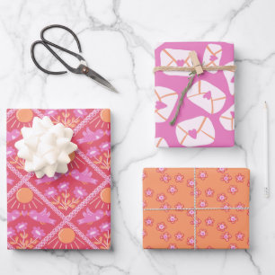 Valentine cute love birds, love letters and daisy wrapping paper sheet