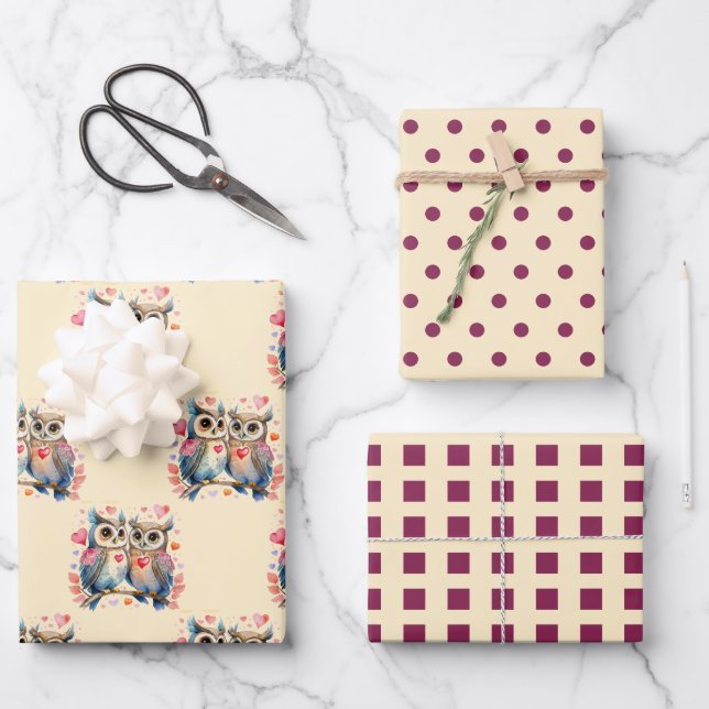 Valentine cute owls dots square pattern purple wrapping paper sheet (Front)