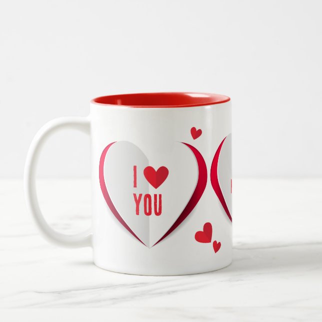 Valentine Cute Paper Hearts Love Two-Tone Coffee Mug (Left)