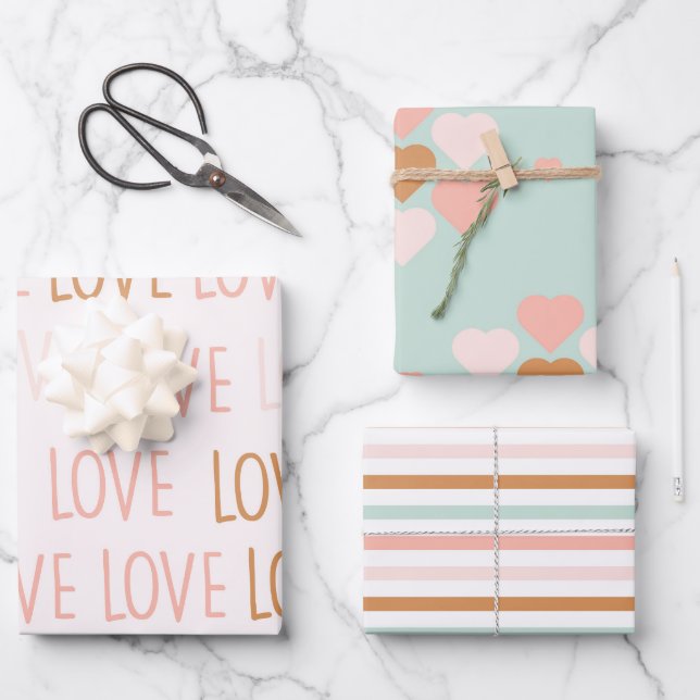 Valentine Cute Pastel Boho Love Stripes Hearts Wrapping Paper Sheet (Front)