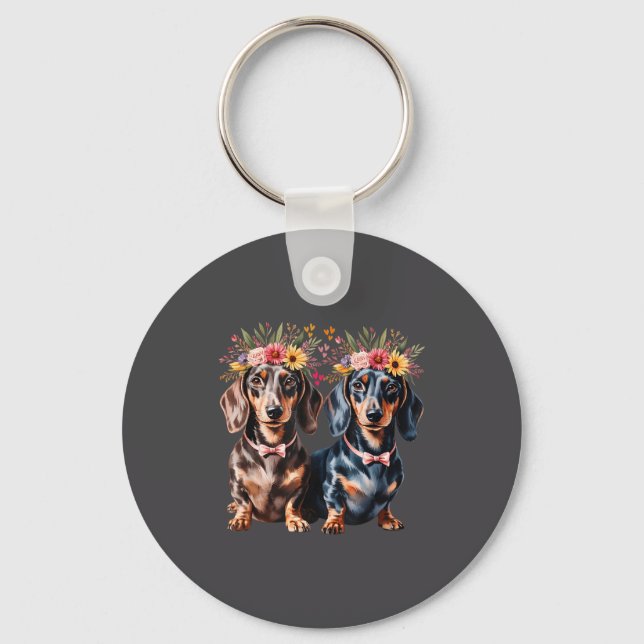 Valentine Dachshund Matching Couple Love Floral Do Keychain (Front)
