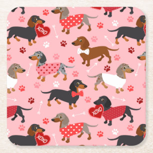 Valentine Dachshund Square Paper Coaster