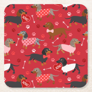 Valentine Dachshund Square Paper Coaster
