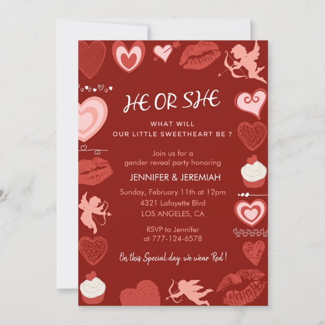 Valentine day gender reveal invitation hearts red (Front)