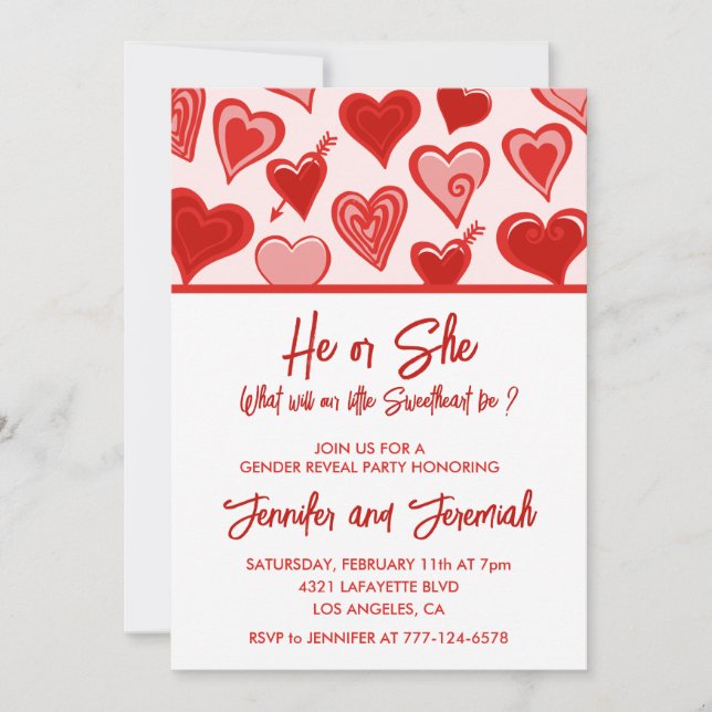 Valentine day gender reveal sweetheart red pink invitation (Front)
