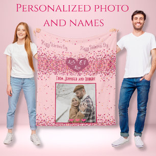 Valentine Day Personalized Photo Pink Hearts Fleece Blanket