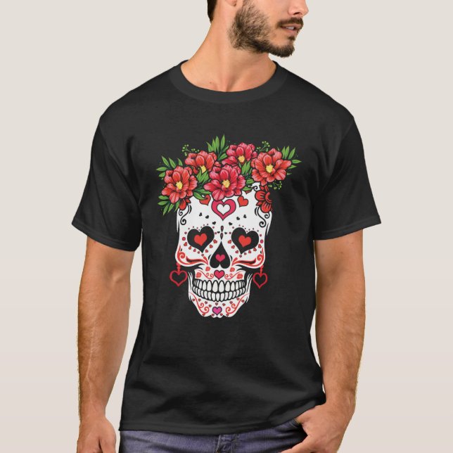 Valentine Dia De Los Muertos Flowers Valentines Da T-Shirt (Front)