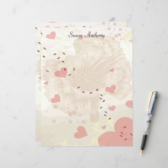 Valentine Distressed Floral Pink Hearts Stationary (Front/Back In Situ)