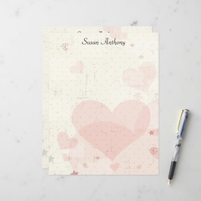 Valentine Distressed Rose Hearts Papier stationnai (Devant/Arrière en situation)