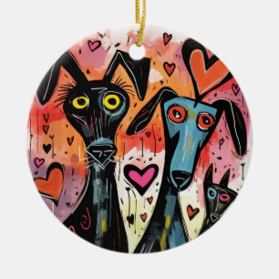 Valentine Dogs And Hearts Ceramic Ornament