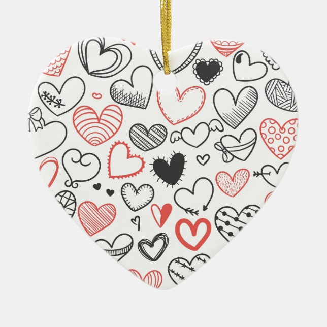 Valentine doodle hearts red and black hipster ceramic ornament (Front)