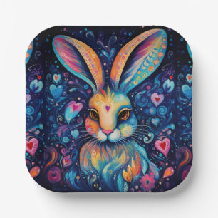 Valentine Dream Hearts: Rainbow Doodle Bunny Paper Plate