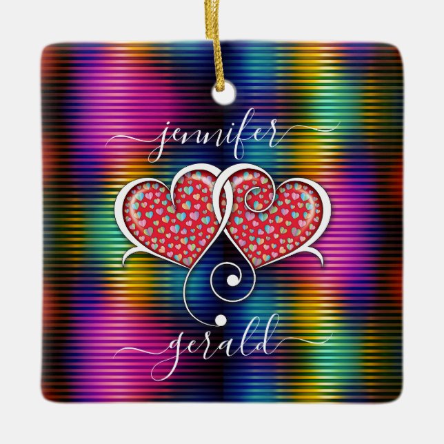 Valentine Elegant Interlocked Hearts Design Ceramic Ornament (Front)