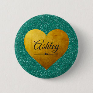 Valentine Emerald Glitter Gold Heart Custom Name 2 Inch Round Button
