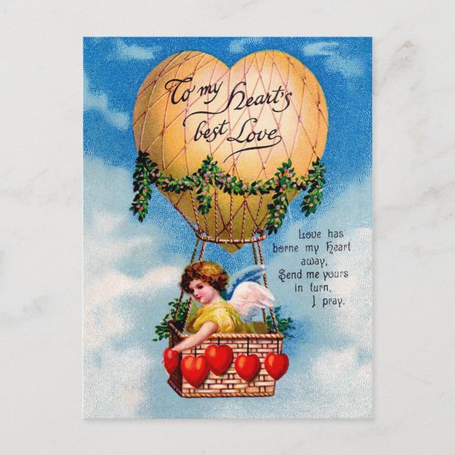Valentine Fairy in Heart Shaped Hot Air Balloon Holiday Postcard (Front)