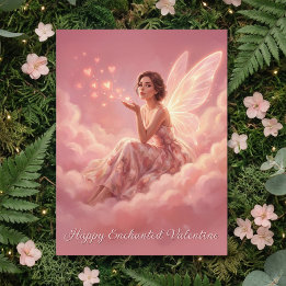 Valentine Fairy on Pink Clouds Fantasy Art Holiday Postcard