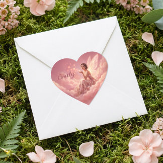 Valentine Fairy on Pink Clouds Fantasy Art Name Heart Sticker