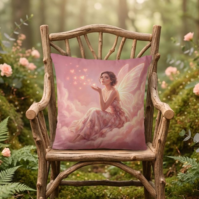 Valentine Fairy on Pink Clouds Fantasy Art Throw Pillow (Creator Uploaded)