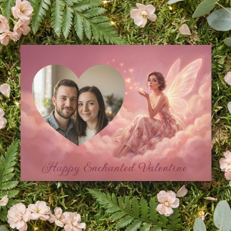 Valentine Fairy on Pink Clouds with Heart Photo Holiday Card