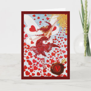 VALENTINE FAIRY WITH WAND,RED WAX SEAL MONOGRAM HOLIDAY CARD