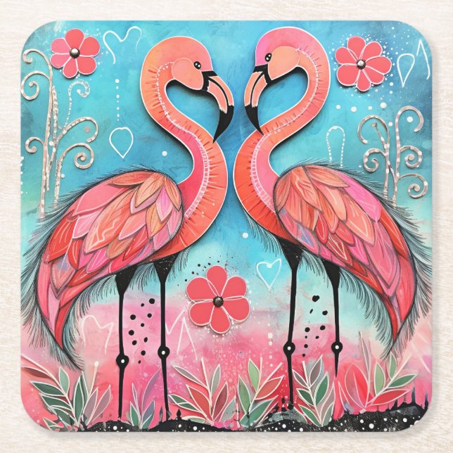 Valentine Flamingo Art Square Paper Coaster (Front)