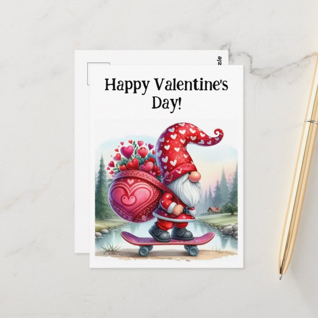 Valentine Gnome Happy Valentines Postcard (Front/Back In Situ)