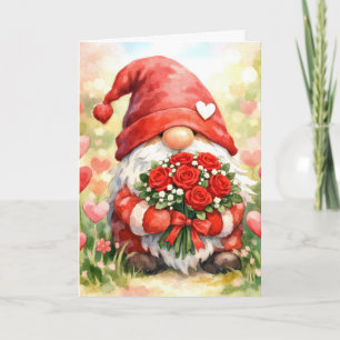Valentine Gnome with Red Rose Bouquet Card