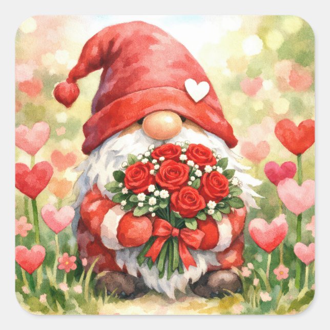 Valentine Gnome with Red Rose Bouquet Square Sticker (Front)