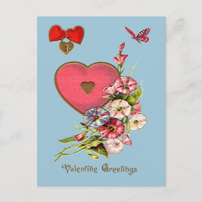 Valentine Greetings with Hearts Flowers Postcard (Front)