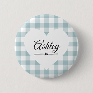 Valentine Heart Blue Gingham Name Monogram 2 Inch Round Button