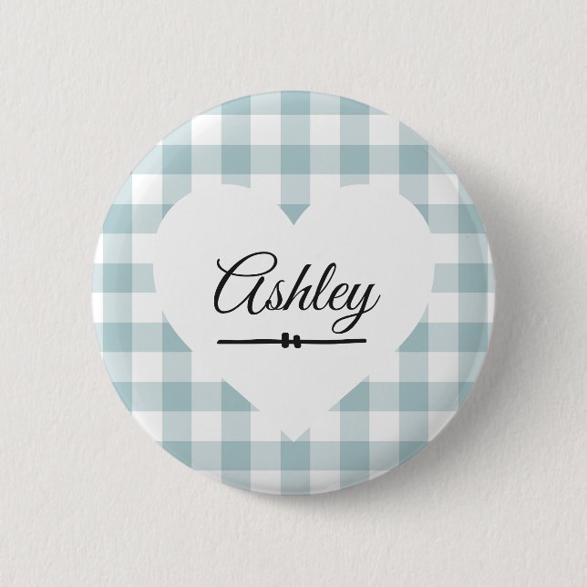 Valentine Heart Blue Gingham Name Monogram 2 Inch Round Button (Front)