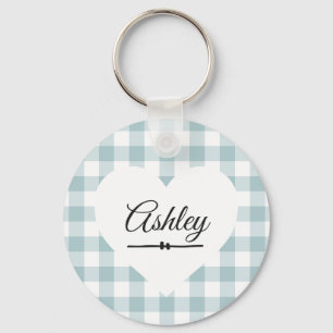 Valentine Heart Blue Gingham Name Monogram Keychain
