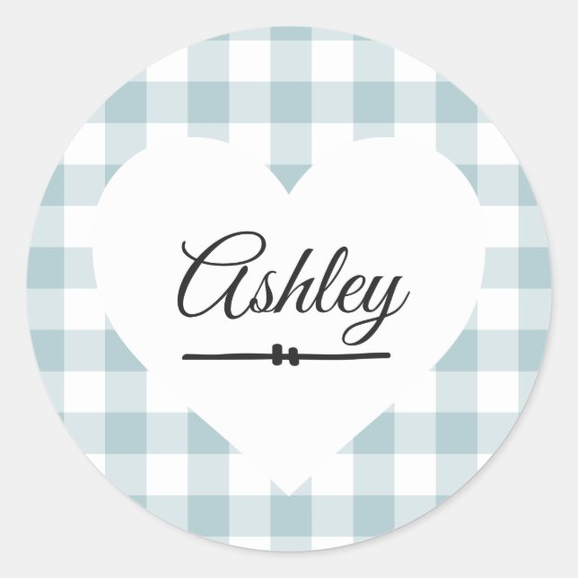 Valentine Heart Blue Gingham Pattern Name Monogram Classic Round Sticker (Front)