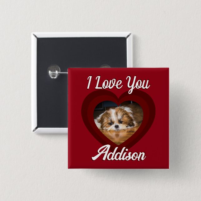 Valentine heart dog love Custom photo name on red 2 Inch Square Button (Front & Back)
