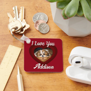 Valentine heart dog love Custom photo name on red Keychain