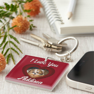 Valentine heart dog love Custom photo name on red Keychain
