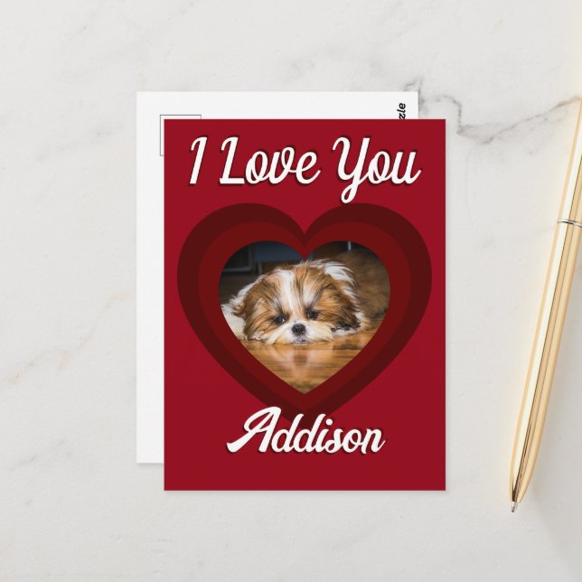 Valentine heart dog love Custom photo name on red Postcard (Front/Back In Situ)