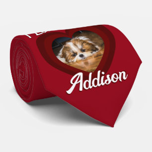 Valentine heart dog love Custom photo name on red Tie