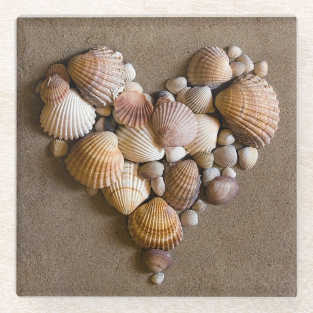 Valentine Heart Made with Shells Glass Coaster (Front)