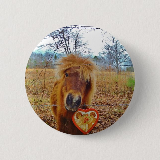 Valentine Heart  Miniature brown Horse 2 Inch Round Button (Front)