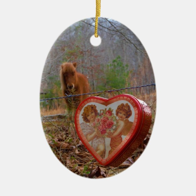 Valentine Heart  Miniature brown Horse Ceramic Ornament (Front)