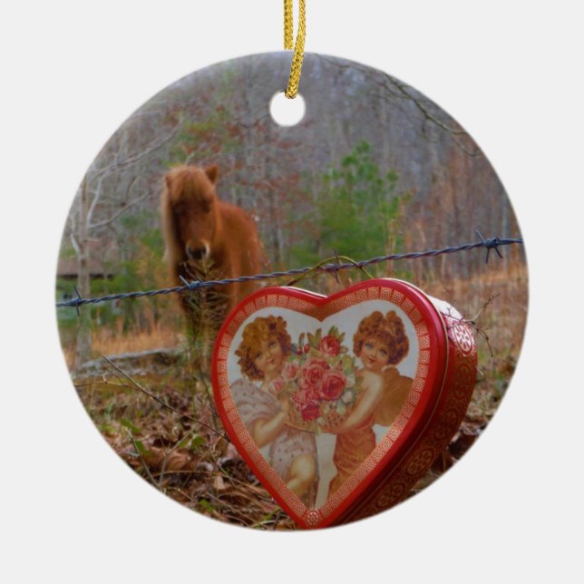 Valentine Heart  Miniature brown Horse Ceramic Ornament (Front)