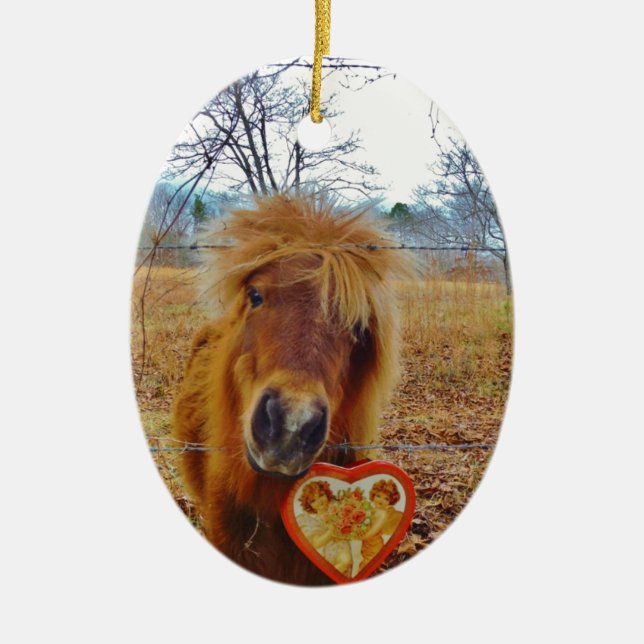 Valentine Heart  Miniature brown Horse Ceramic Ornament (Front)
