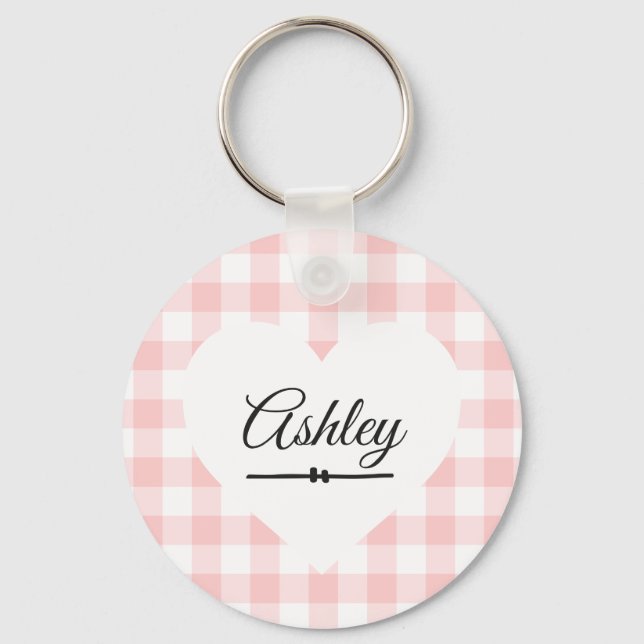 Valentine Heart Pink Gingham Name Monogram Keychain (Front)