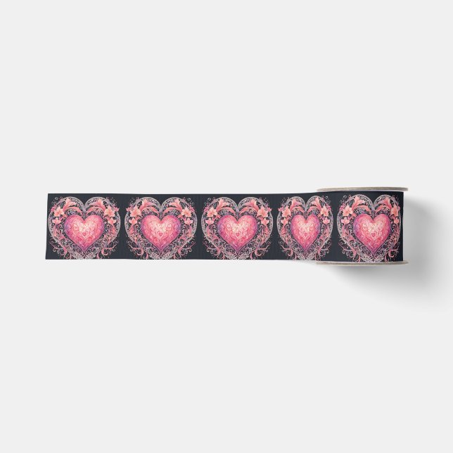 Valentine Heart Pink Love Flowers Ornaments  Grosgrain Ribbon (Front)