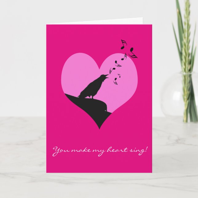 Valentine heart sentiment with singing crow holiday card (Front)